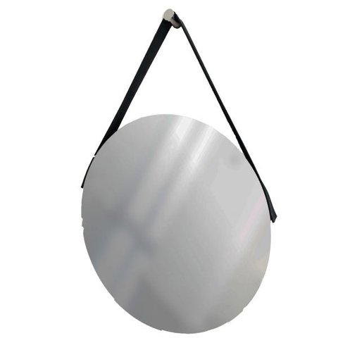 Espelho Decorativo Adnet Vintage Alça Courino Preto 40 cm Redondo