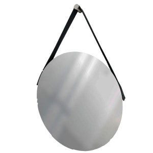 Espelho Decorativo Adnet Vintage Alça Courino Preto 50 cm Redondo
