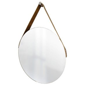 Espelho Decorativo Adnet Vintage Alça Courino Rajado 40 cm Redondo