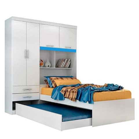 Guarda Roupa Solteiro com Bicama 4 Portas 2 Gavetas e Bau Milena Acp Móveis Branco/azul