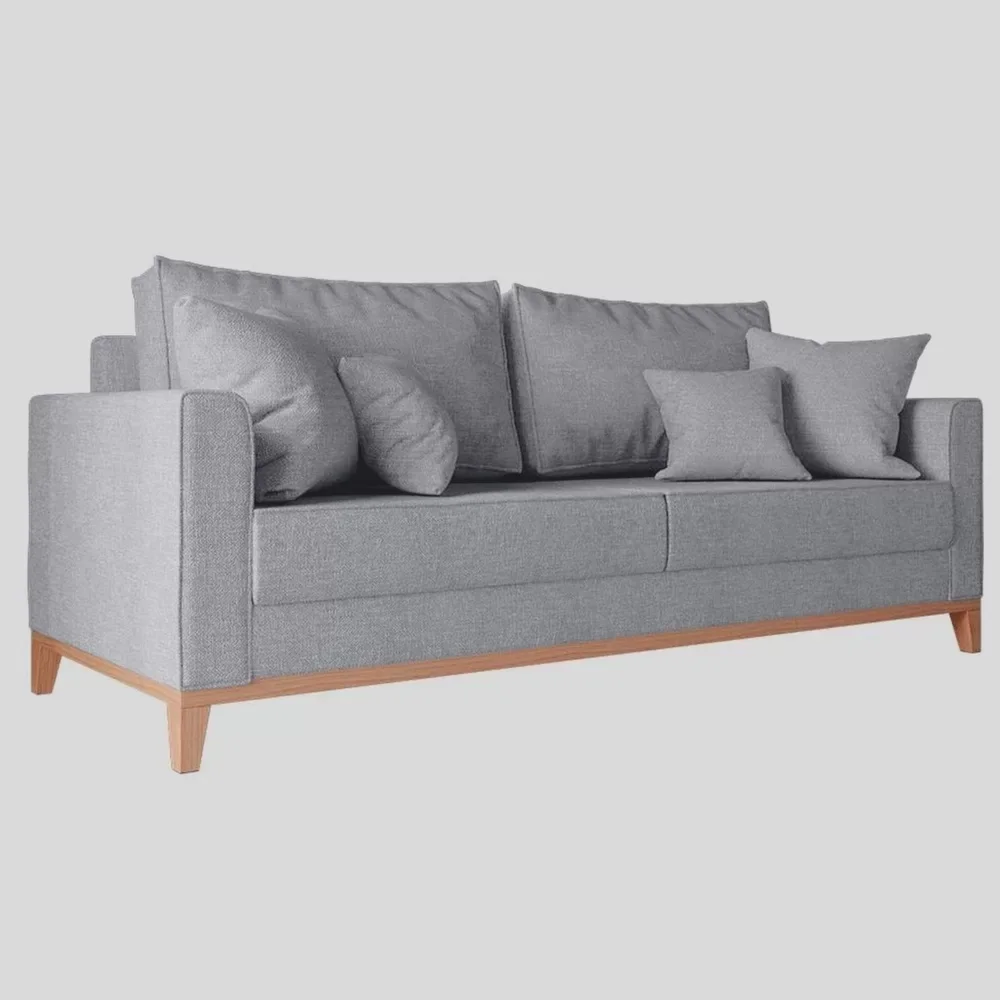 Kit Sofá 3 Lugares e 2 Poltronas Beny com Base de Madeira Linho Cinza