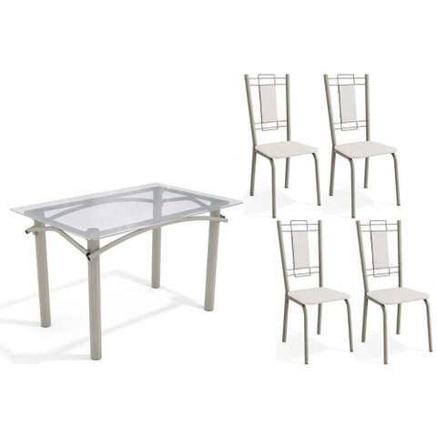 Conjunto: Mesa Sala Jantar Elba C/ Tampo de Vidro 120cm e 4 Cadeiras Florença Niquel - Courano