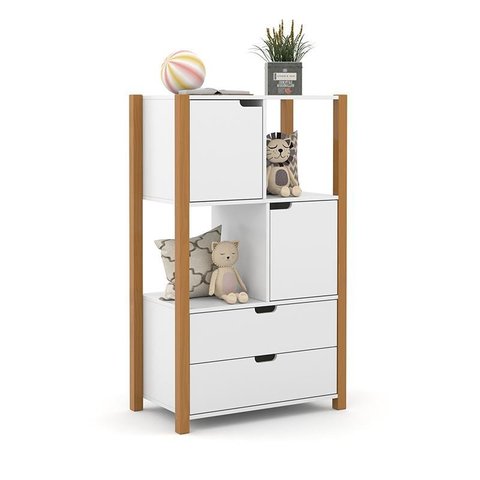 Armário Organizador Kids Liv com 2 Portas e 2 Gavetas Branco Soft/Freijó - Matic Móveis