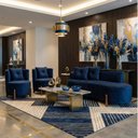 Ver imagem 1 de Conjunto 2 Poltronas + Sofá Curvo Orgânico Veludo Azul Marinho - Montanaris Decor