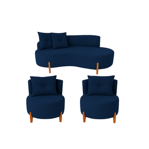 Conjunto 2 Poltronas + Sofá Curvo Orgânico Veludo Azul Marinho - Montanaris Decor