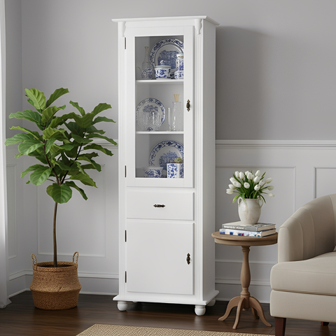 Cristaleira de Madeira 2 Portas 1 Gaveta 2 Prateleiras Sevilha e Pés Torneados - Branco Laca