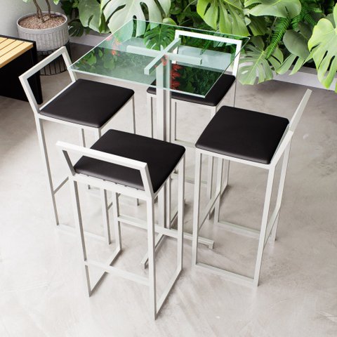 Conjunto Mesa Alta Bar Bistrô Quadrada Vidro 4 Banquetas Estofado White Don Castro Decor