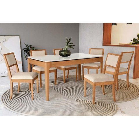 Mesa Cozinha Mira Premium Madeira Maciça C/ Tampo Madeirado C/ Vidro 160x90cm e 6 Cadeiras Alice