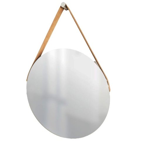 Espelho Decorativo Adnet Vintage Alça Courino Caramelo 50 cm Redondo