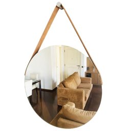 Espelho Decorativo Adnet Vintage Alça Courino Caramelo 50 cm Redondo - 6