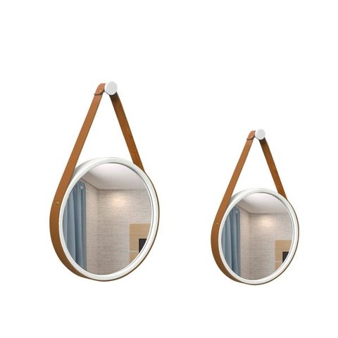 Kit de Espelho Adnet 20 cm e 30 cm com Alça de Couro Ecológico Branco/Caramelo