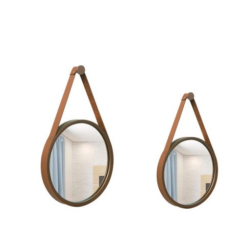 Kit de Espelho Adnet 20 cm e 30 cm com Alça de Couro Ecológico Marrom/Caramelo