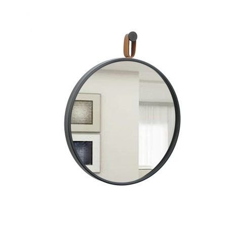 Espelho Decorativo Short Strip Preto com Alça Caramelo 60 cm Redondo Preto/Caramelo, 60 cm