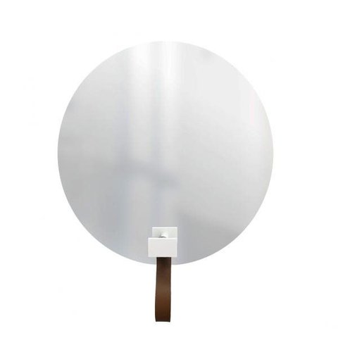Espelho Decorativo com Gancho Alumínio Branco Retangular com Courino Caramelo 50 cm Redondo