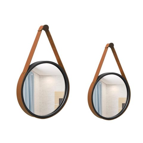 Kit Espelho Decorativo Adnet Preto Alça Corino Caramelo 20 e 30cm Redondo