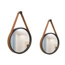 Ver imagem 1 de Kit Espelho Decorativo Adnet Preto Alça Corino Caramelo 20 e 30cm Redondo