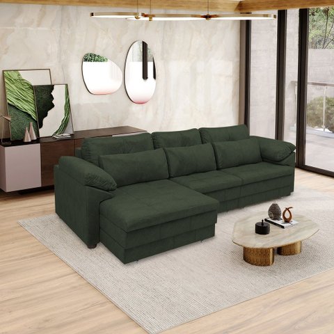 Sofá Retrátil Elétrico Sala de Estar Nolan Bipartido 257cm Conforto Premium em Couro Verde Manchado 