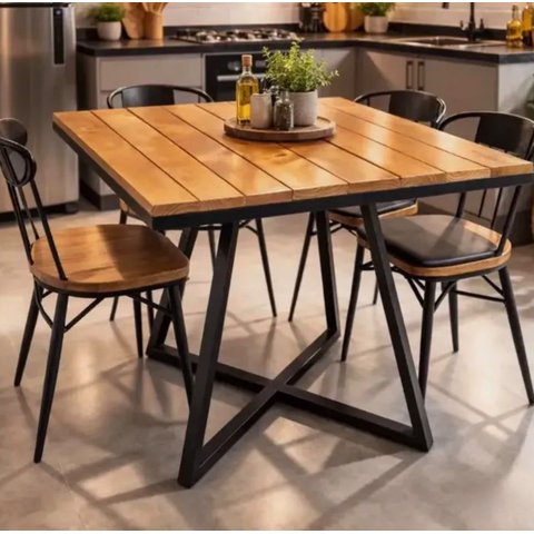 Mesa Quadrada Madeira Maciça e Ferro Estilo Industrial 80cm