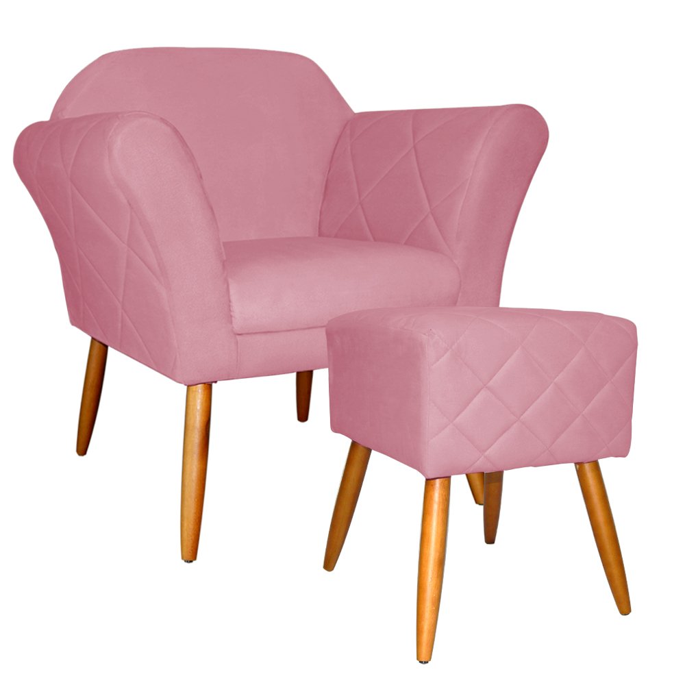 Kit Poltrona Decorativa Marcela Mais Puff Isabela Pés Palito Suede Rosa - DS Estofados - 1