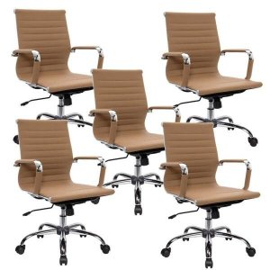 Conjunto com 5 Cadeiras Diretor Boston Giratória Regulagem de Altura A Gás Esteirinha Caramelo