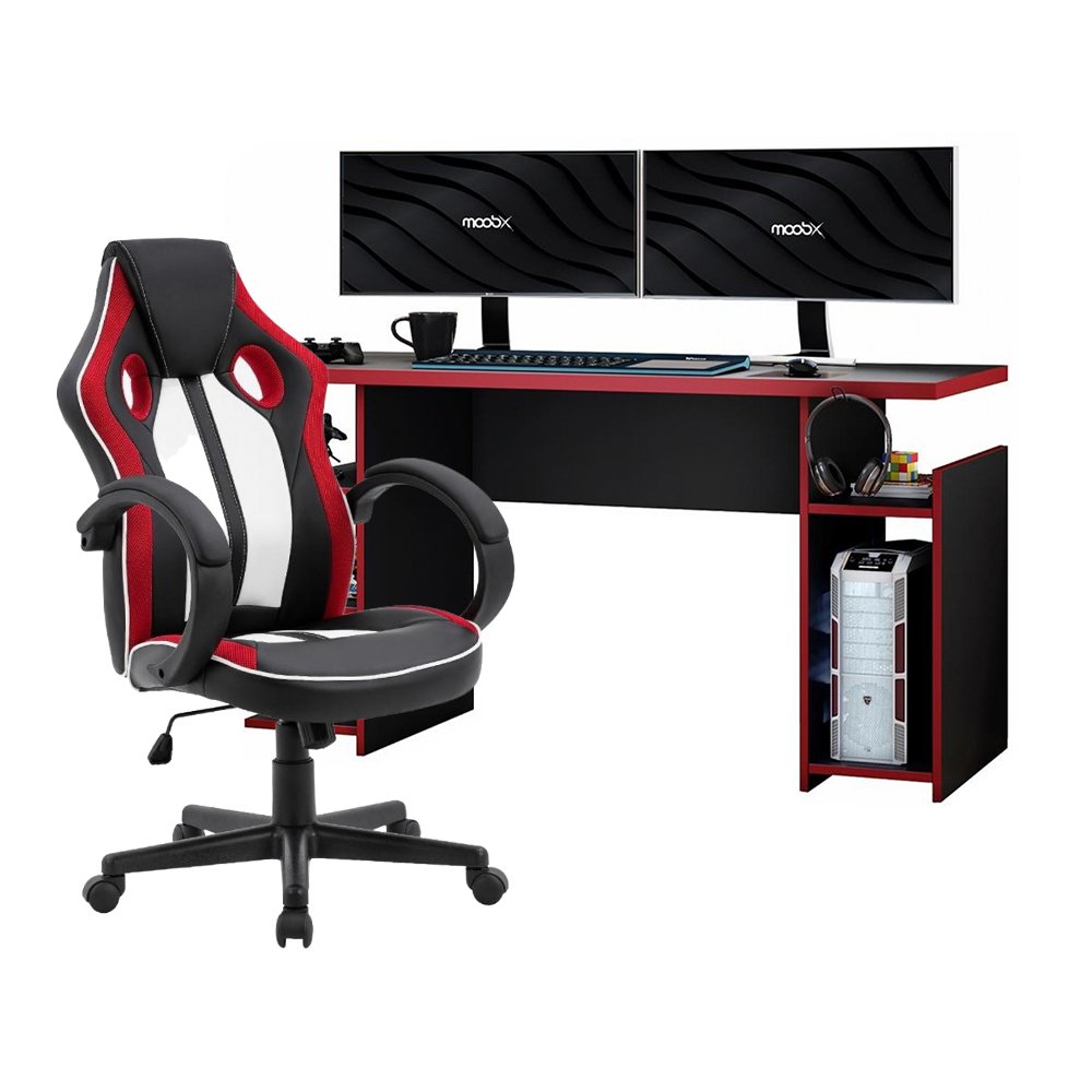 Mesa Gamer xp Vermelho + Cadeira Gamer Royale Preto Branco e Vermelho - 1