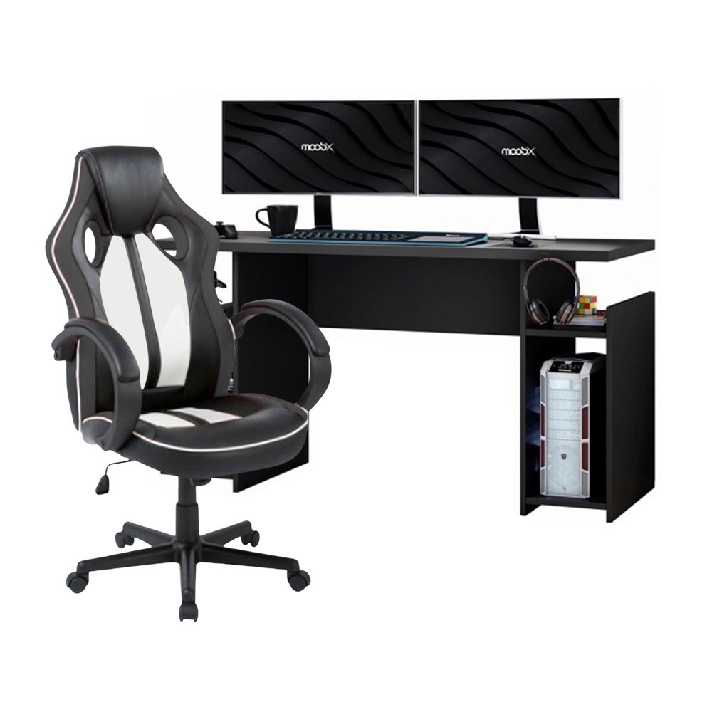 Mesa Gamer xp Preto + Cadeira Gamer Royale Preto e Branco - 1