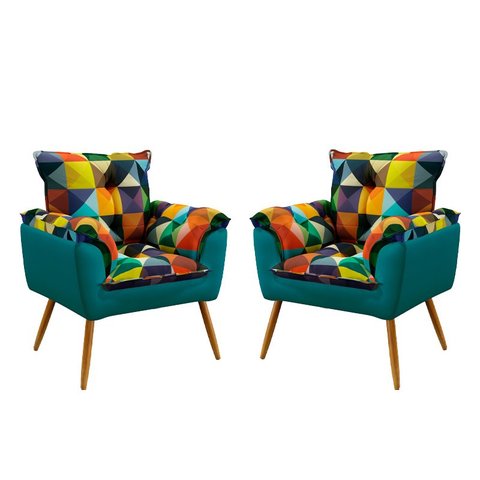 Kit 2 Poltronas Opala Suede Estampado Colorido com Azul Turquesa Aradecor