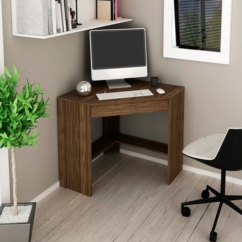 Mesa Escritório Office de Canto Escrivaninha com Gaveta: Nogal
