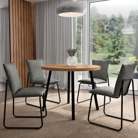 Conjunto de Jantar Mesa Redonda 99cm com 4 Cadeiras Soft Np Cor:nogal com Grafite