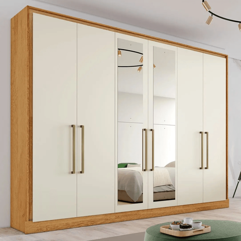 Guarda-roupa Casal Argos 2,40m 6 Portas 2 com Espelhos 6 Gavetas Peroba/ Off White Peroba/ Off White