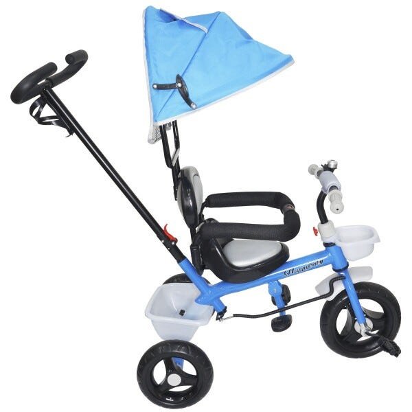 Triciclo Infantil com Capota Haste Empurrador Pedal Motoca Velotrol 2 em 1 Brinqway BW-084AZ Azul - 3