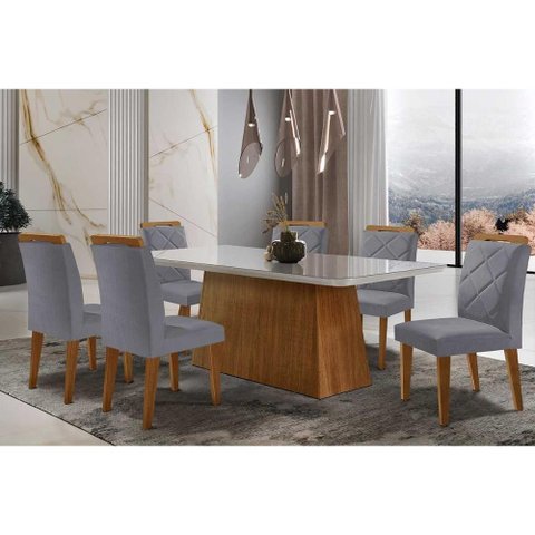 Sala de Jantar Completa Luna Tampo Madeirado C/ Vidro Curvo 180x90 e 6 Cadeiras Melissa Imbuia -