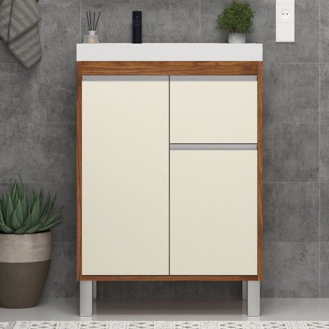 Gabinete de Banheiro 60cm com Lavatório 2 Portas 1 Gaveta Soft Off White/Amêndoa