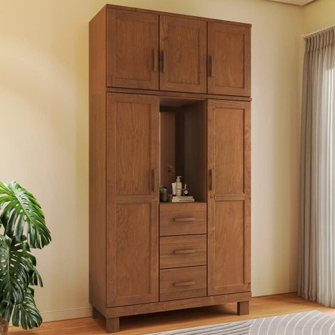 Guarda Roupa Solteiro com Espelho 5 Portas 3 Gavetas Madeira Maciça Lorie F06 Castanho - Lyam Decor