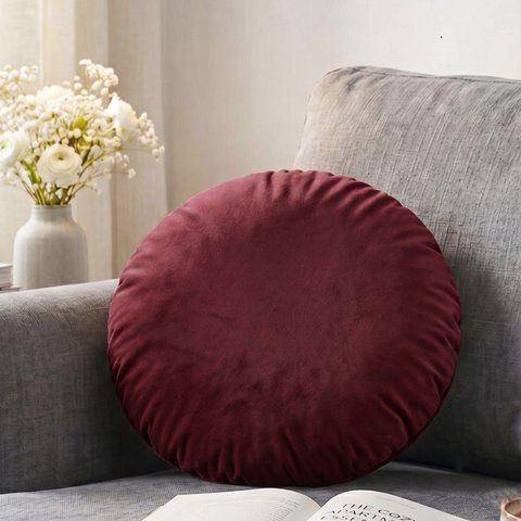 Almofada Redonda Veludo Premium 35cm Decorativa com Zíper e Enchimento - Bordo