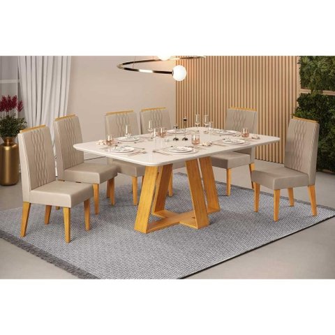 Sala de Jantar Completa Celeste C/ Tampo Madeirado C/ Vidro Retangular 160x90cm e 6 Cadeiras Lia