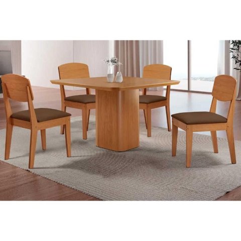 Conjunto: Mesa de Cozinha Maldivas c/ Tampo Madeirado Canto Curvo 90x90cm e 4 Cadeiras Havana