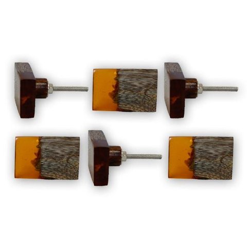 Kit 6 Puxadores Acrílico Ambar com Acab. Madeira 3x3x5cm