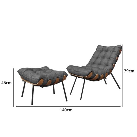 Poltrona Costela com Puff Adão Preto Mad Veludo Grafite-jotabe