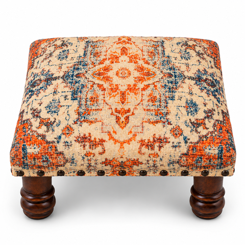 Puff Quadrado Estofado em Madeira com Tecido Estampado Laranja e Azul 39x39x22 cm Luxo