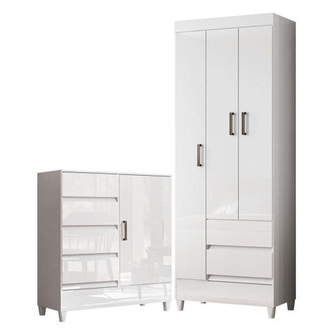Guarda Roupa Solteiro com Cômoda Fit 3 Portas 2 Gavetas MDP Branco Brilho Santos Andirá