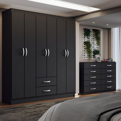 Guarda-roupa Casal Maya 6 Portas 2 Gavetas com Cômoda 10 Gavetas Preto - Panorama Móveis