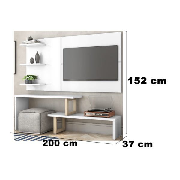 Rack Netuno com Painel Urano 200cm Branco com Natural - Tebarrot Móveis - 2