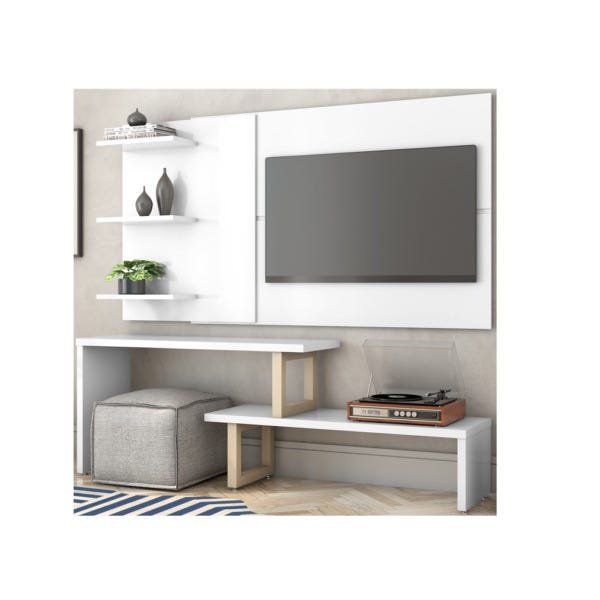 Rack Netuno com Painel Urano 200cm Branco com Natural - Tebarrot Móveis - 1