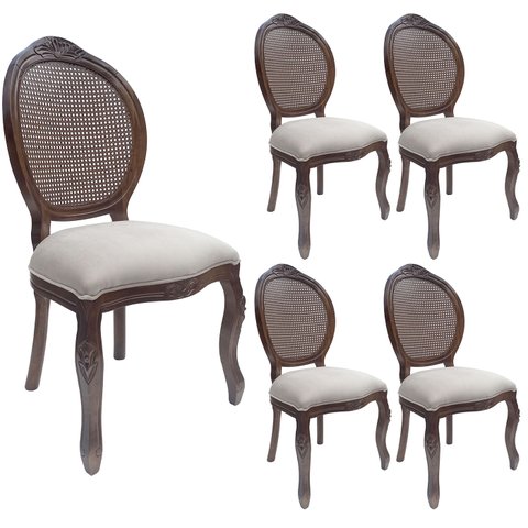 5 Cadeira Medalhão Madeira Entalhada com Tela Telinha Palhinha