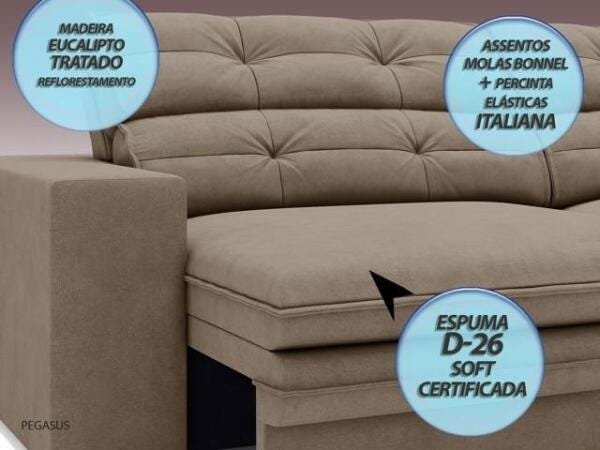 Sofá Pegasus 2,30M Assento Retrátil e Reclinável Velosuede Capuccino - NetSofás - 2
