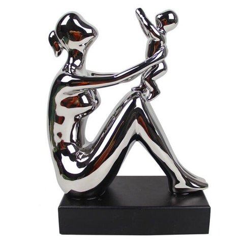 Escultura Decorativa de Cerâmica Prata Mãe e Filho 27cm VG0013 BTC
