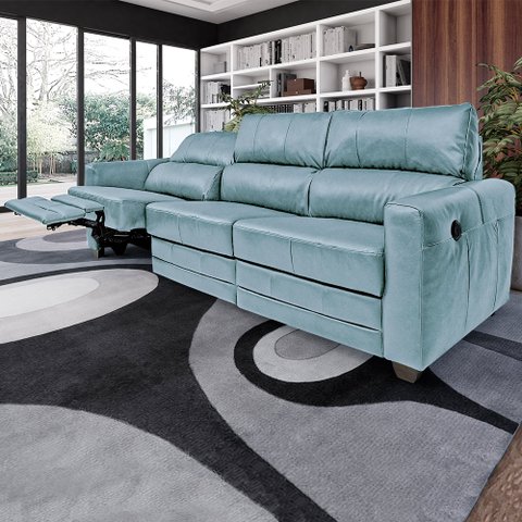 Sofá Sala de Cinema Elétrico Maldivas Reclinável Retrátil 4 Lugares 281cm Couro Azul Celeste G40 - G