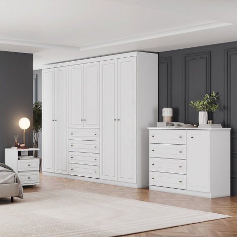 Conjunto Quarto Casal Guarda Roupa 6 Pts, Cômoda e 2 Mesa Cabecei Americano Henn