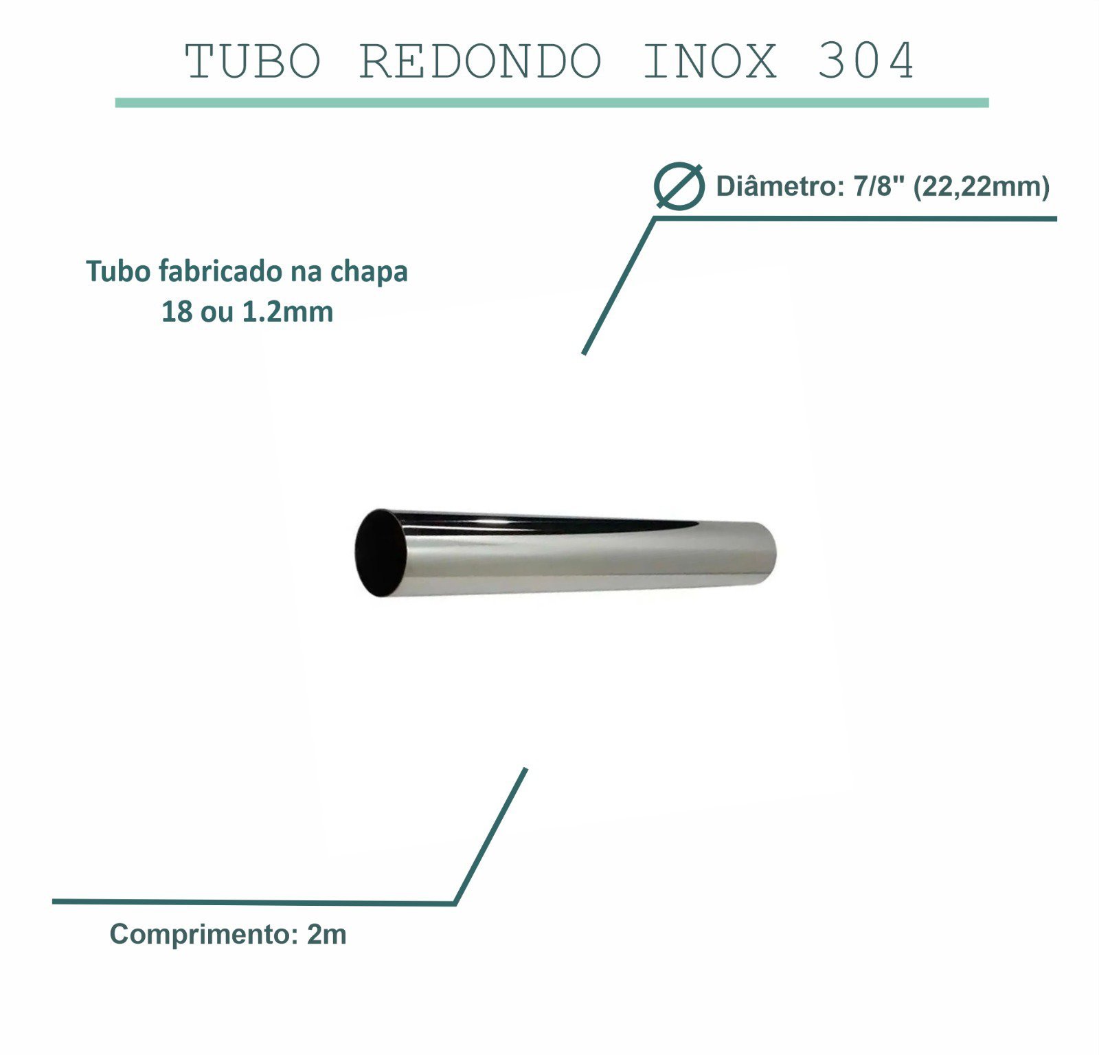 Tubo inox para escapamento 7/8" ou 22,22mm, adaptação VARÃO CORTINA AÇO INOX 304 POLIDO TUBO REDONDO - 2